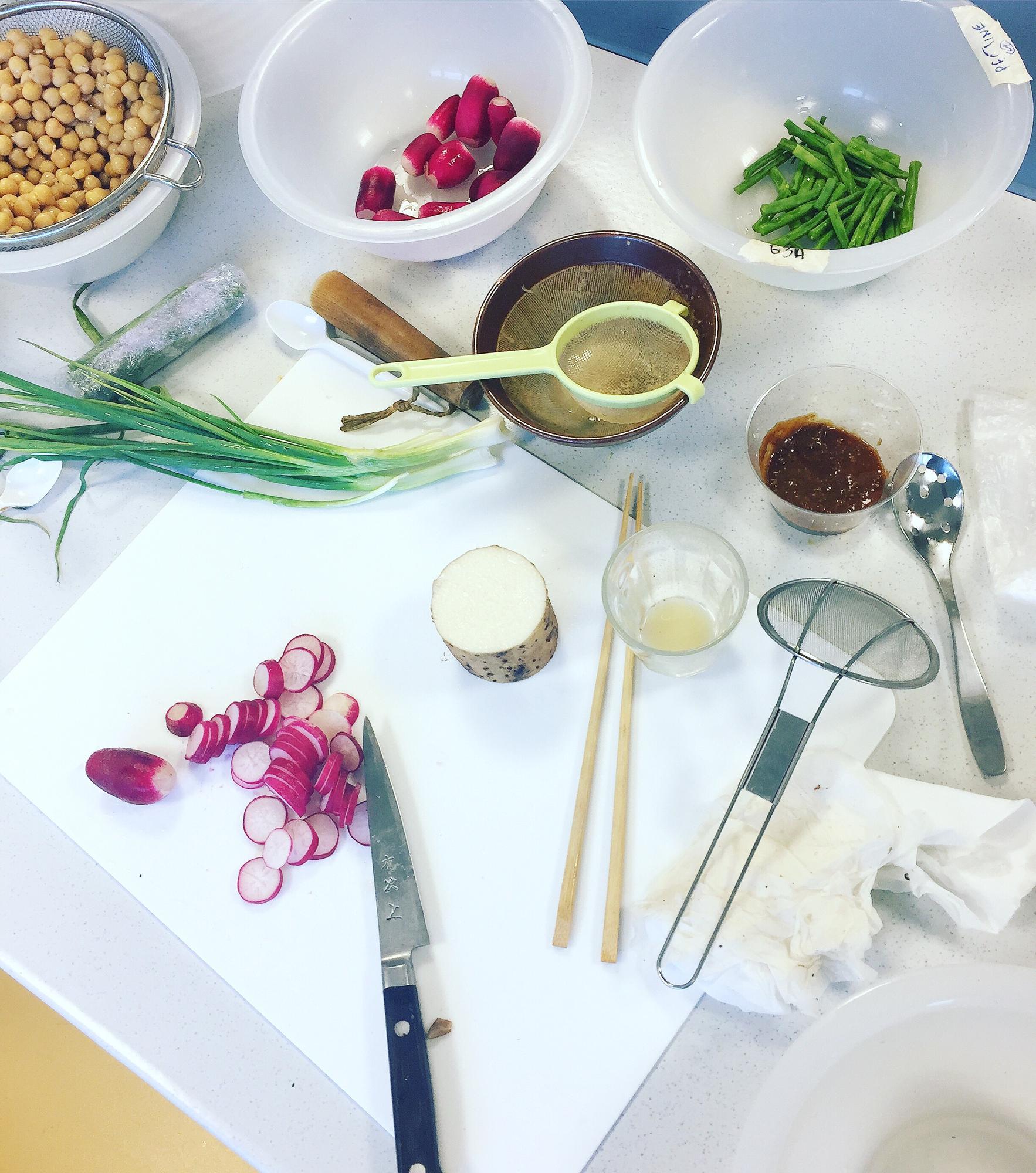Workshop setup with tools and ingredients